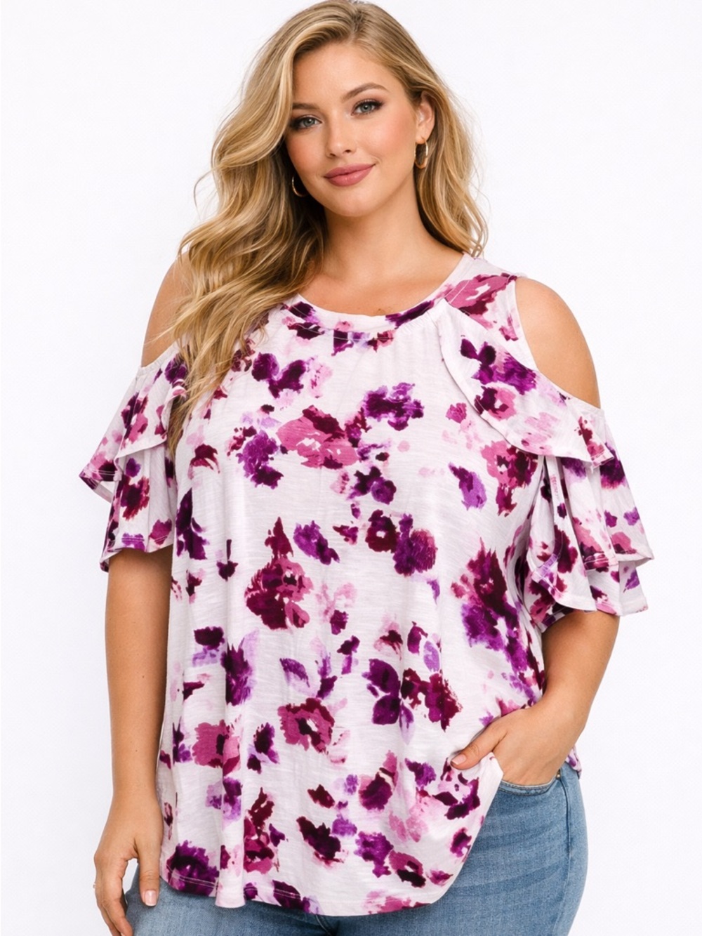 Juicy Couture Cold‎ Shoulder Blouse XXL Purple Pink Floral Ruffle Sleeve Top